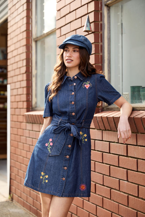 denim dress nz Short Sleeve Denim Button Through Midi Dress