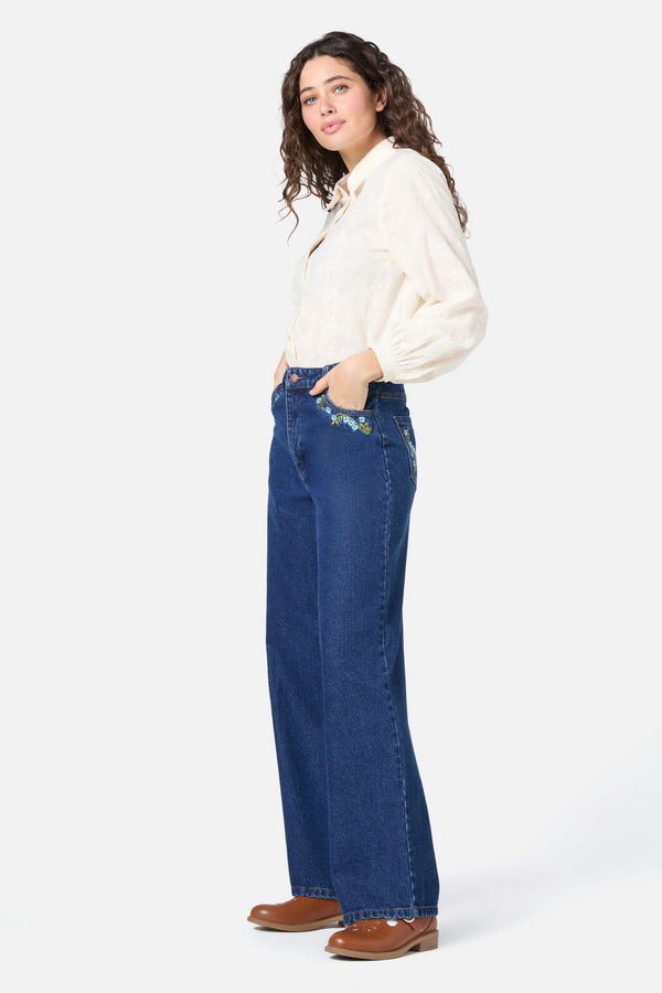 Princess Highway - Blue Blooms Embroidered Jean - blue-denim