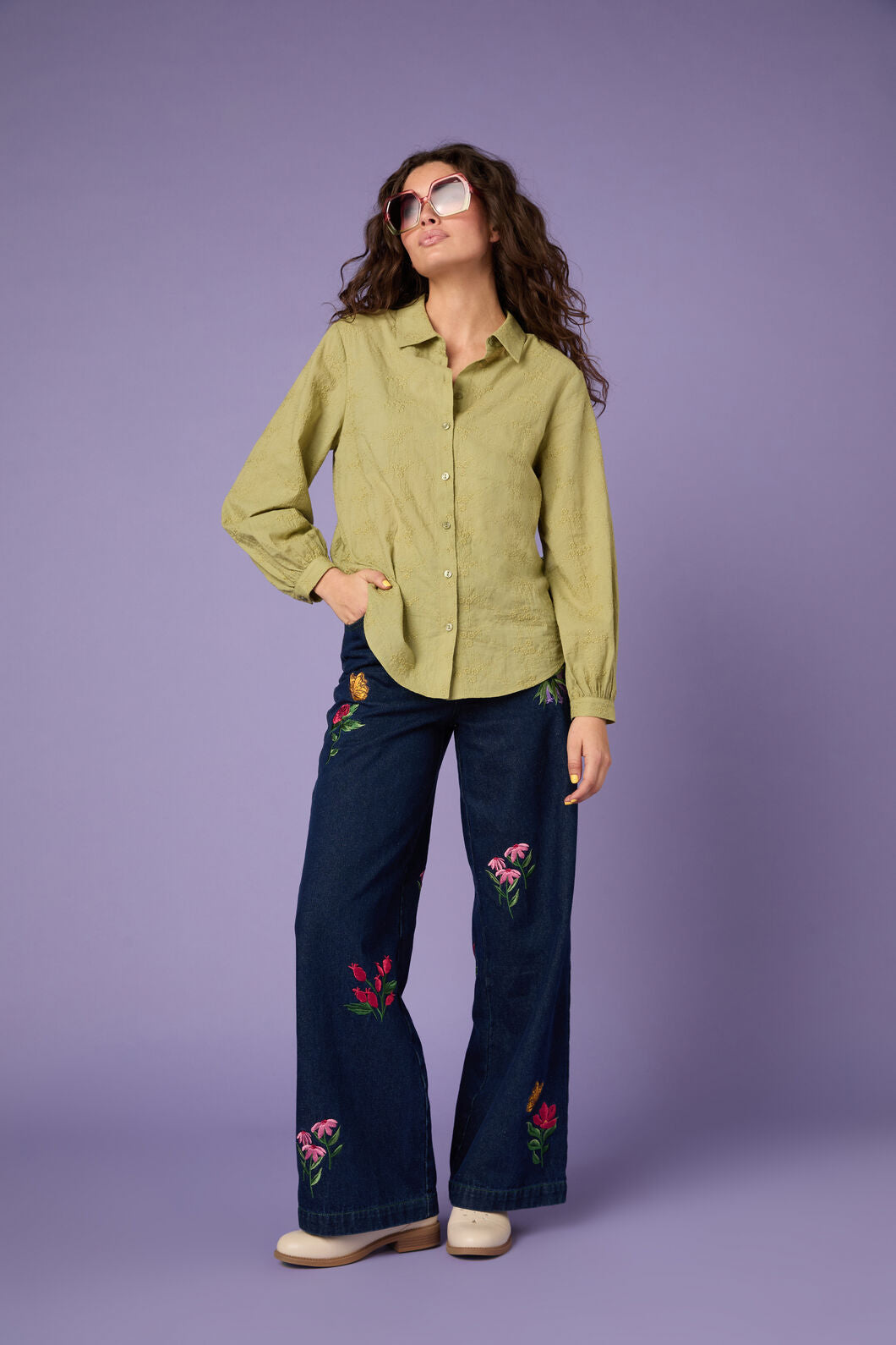 Princess Highway - Ada Embroidered Flower Shirt - olive