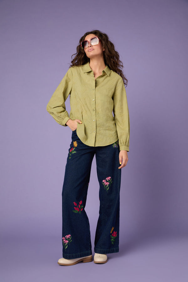 Princess Highway - Ada Embroidered Flower Shirt - olive