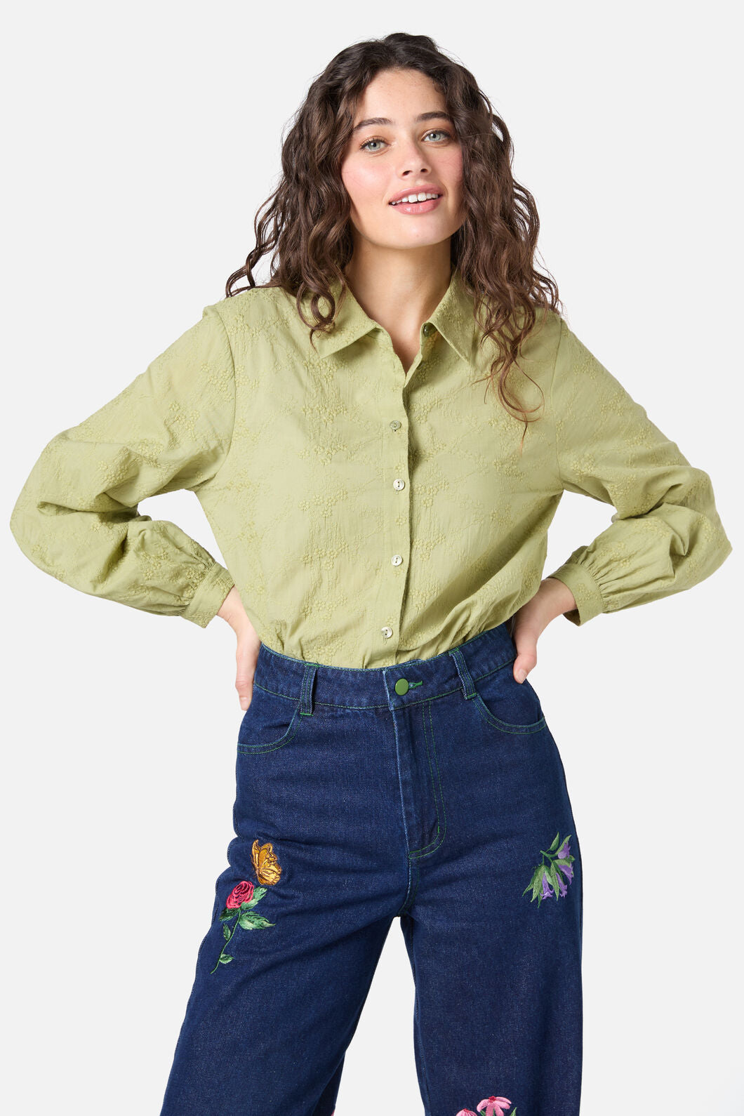Princess Highway - Ada Embroidered Flower Shirt - olive