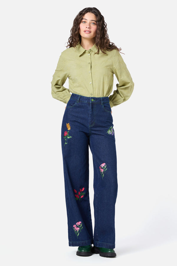 Princess Highway - Ada Embroidered Flower Shirt - olive