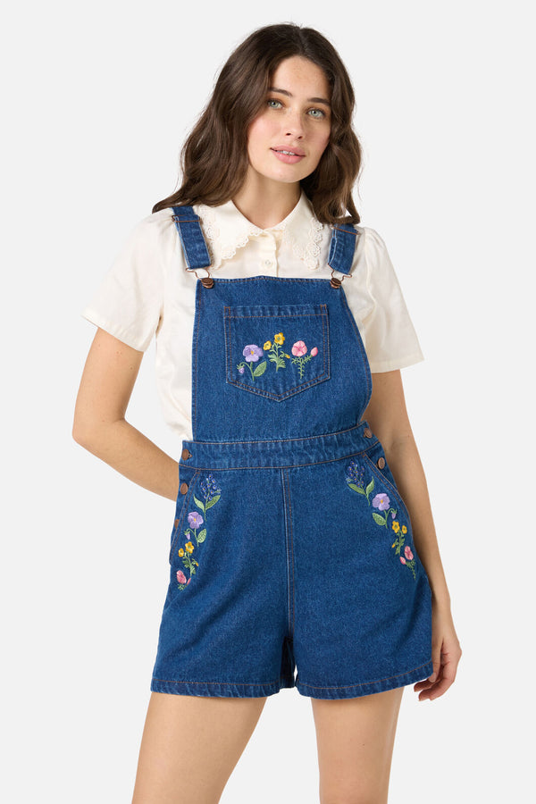 Princess Highway - Flower Patch Emb Short Overall - blue-denim