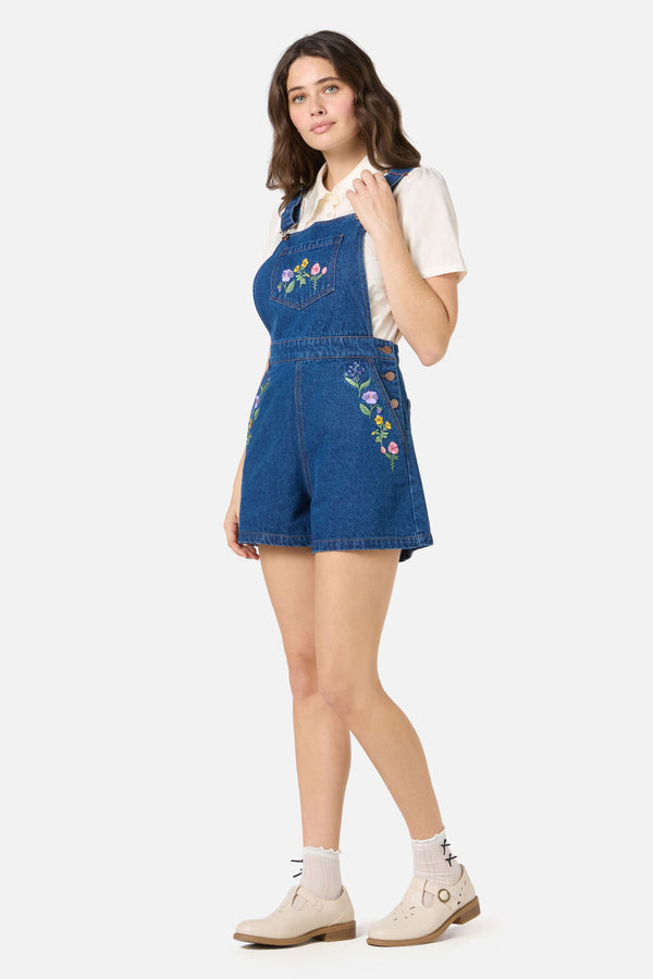 Princess Highway - Flower Patch Emb Short Overall - blue-denim