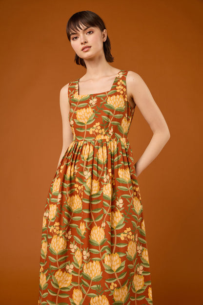 Princess Highway - Protea Flower Midi Dress - rust