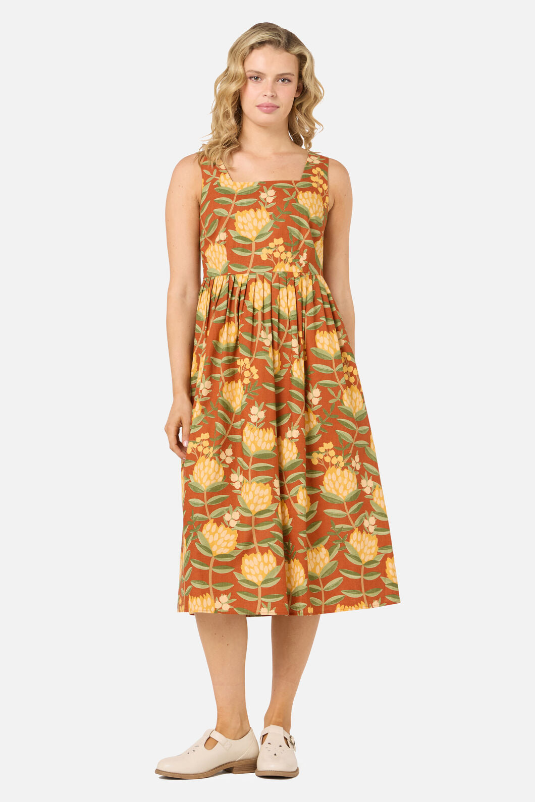 Princess Highway - Protea Flower Midi Dress - rust