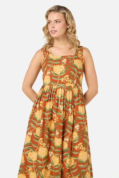 Princess Highway - Protea Flower Midi Dress - rust