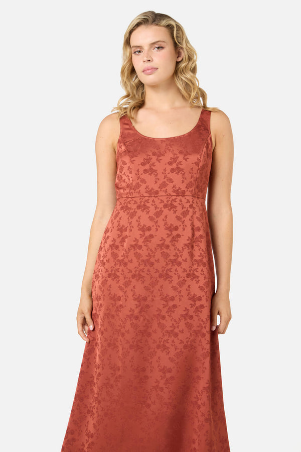 Princess Highway - Roma Satin Embossed Midi Dress - burnt-orange