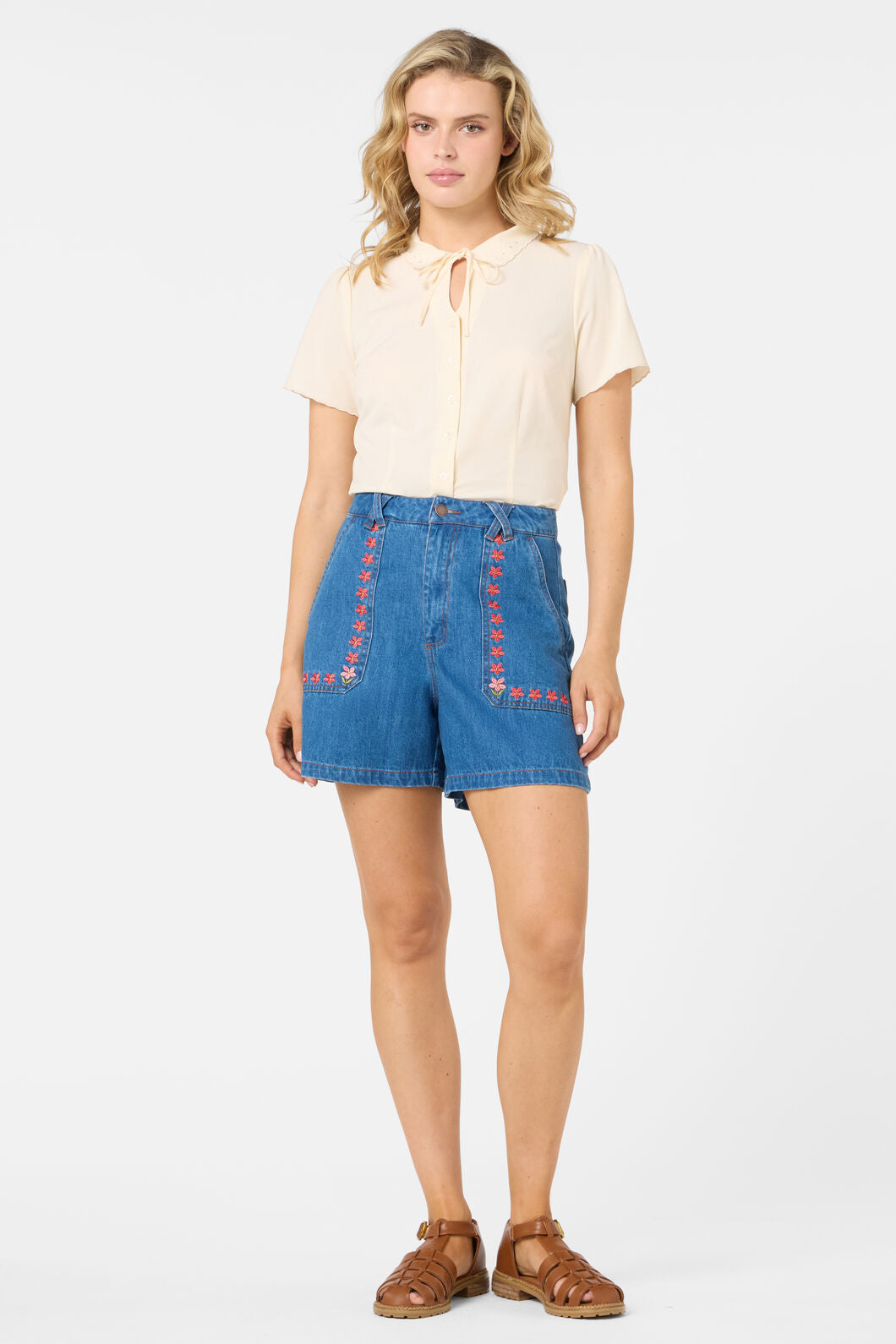 Princess Highway - Flower Girl Embroidered Shorts - blue-denim