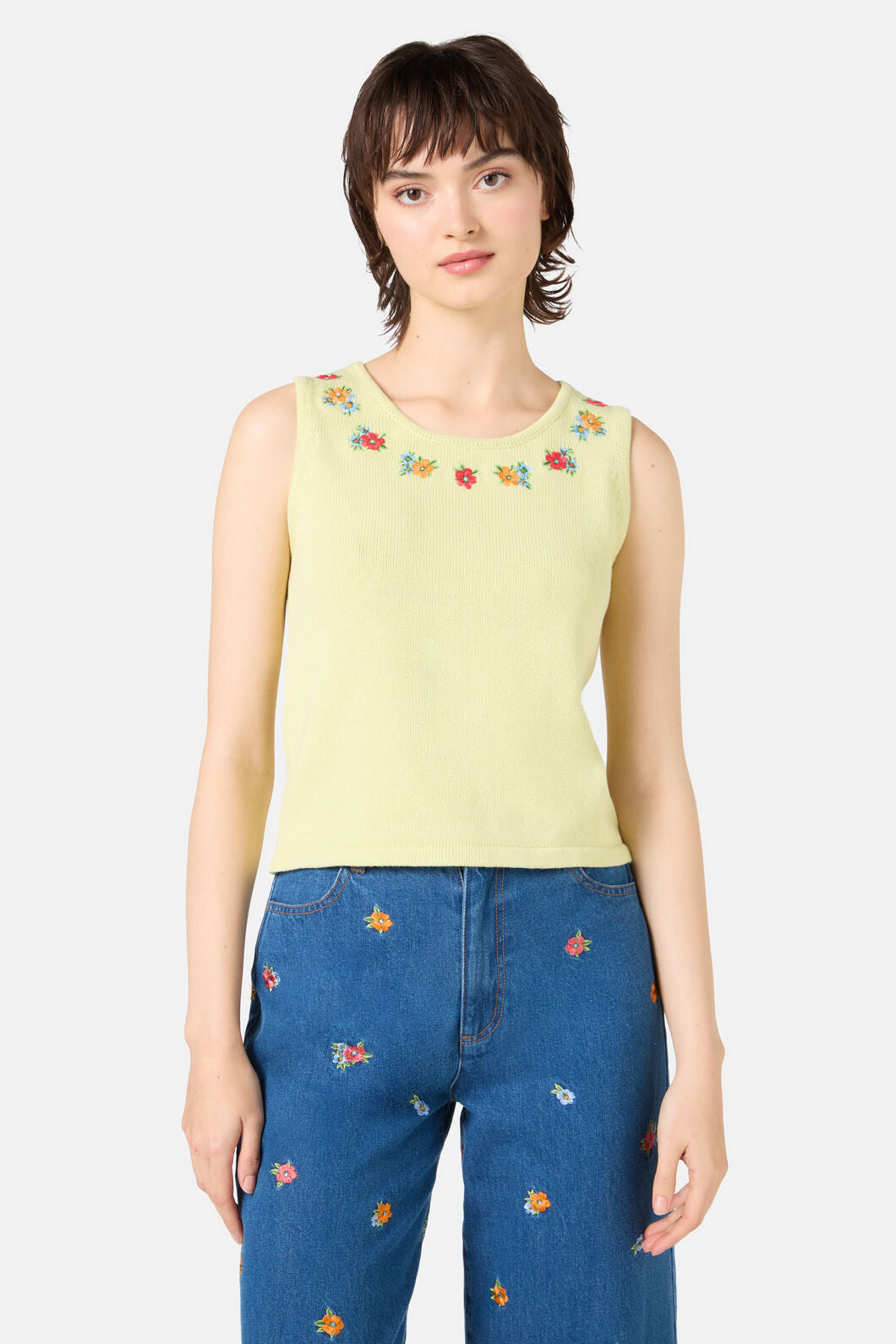 Princess Highway - Floral Embroidered Knit Tank - soft-green