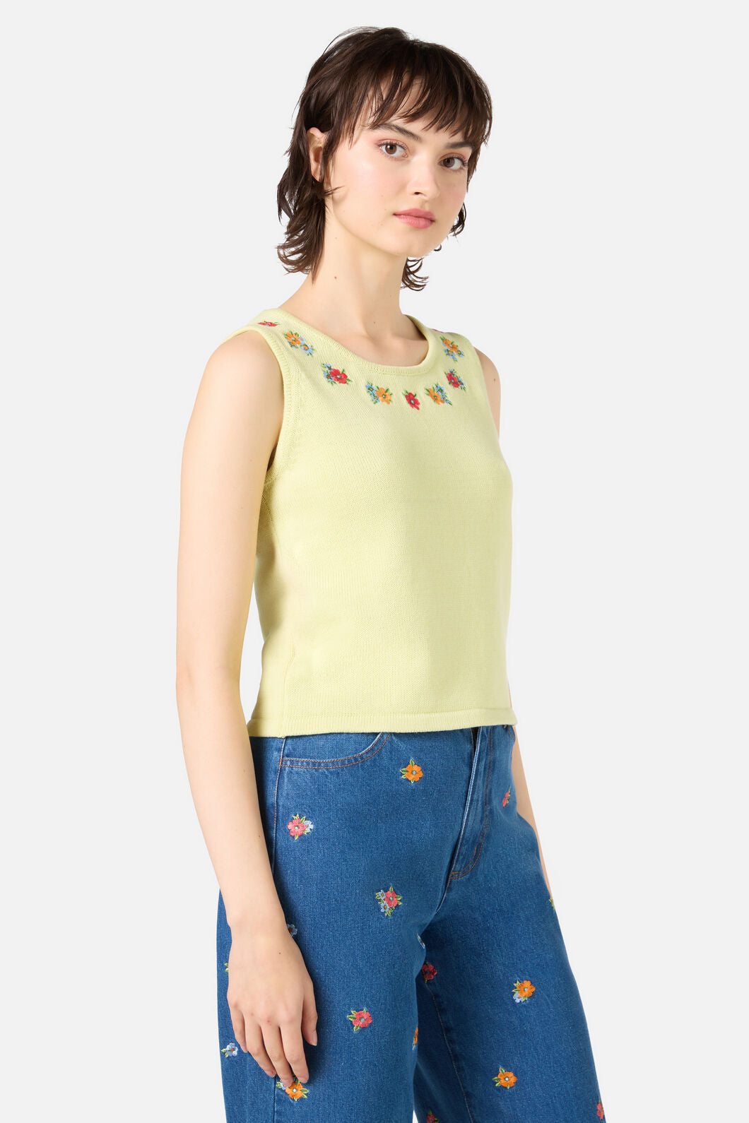 Princess Highway - Floral Embroidered Knit Tank - soft-green