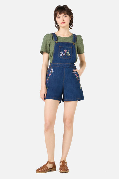Princess Highway - Eva Embroidered Short Overalls - blue-denim