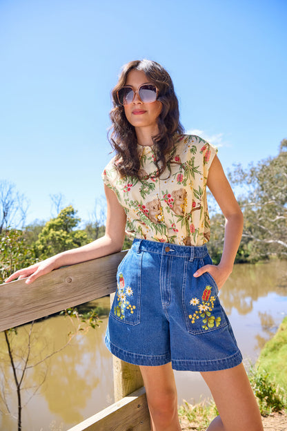 Princess Highway - Native Flora Embroidered Short - blue-denim