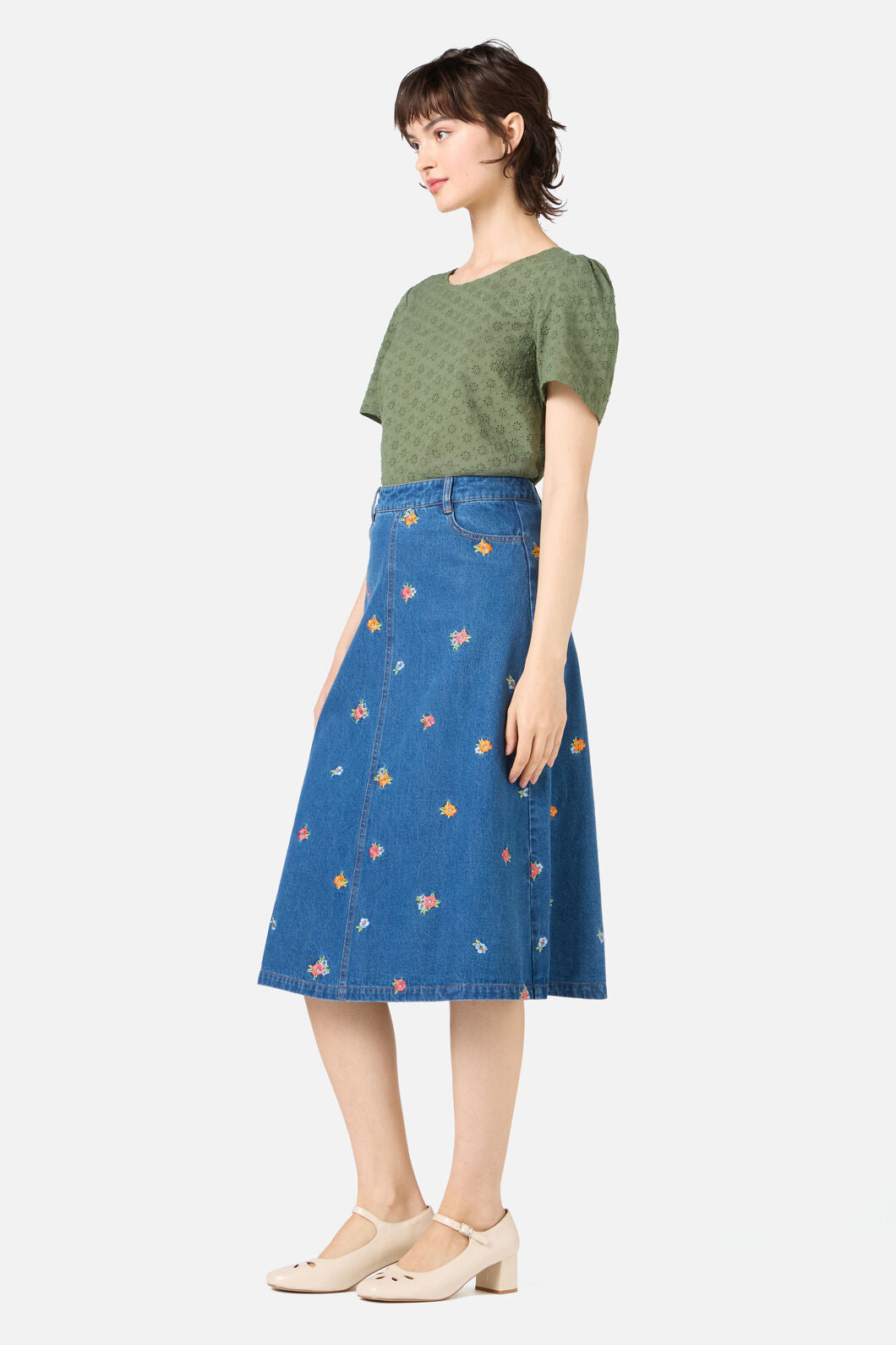 Princess Highway - Floral Embroidered Denim Skirt - blue-denim