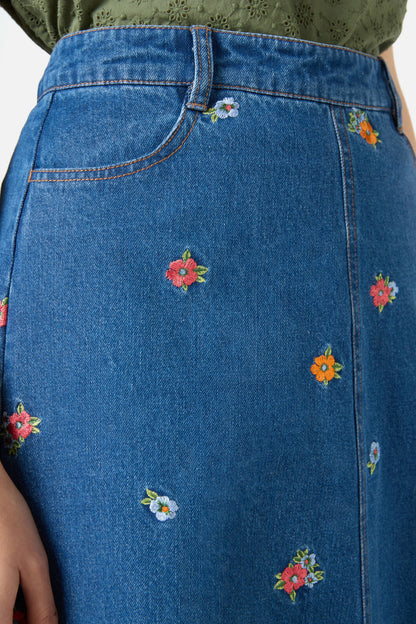 Princess Highway - Floral Embroidered Denim Skirt - blue-denim