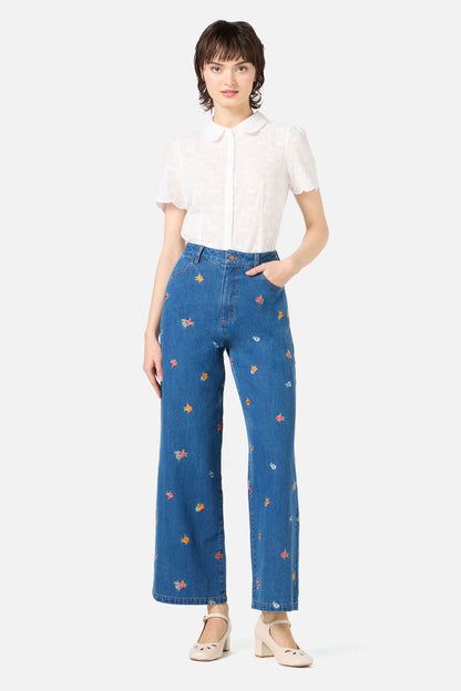 Princess Highway - Floral Embroidered Denim Jeans - blue-denim