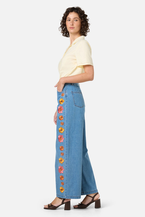 Princess Highway - Retro Bloom Embroidered Jean - blue-denim