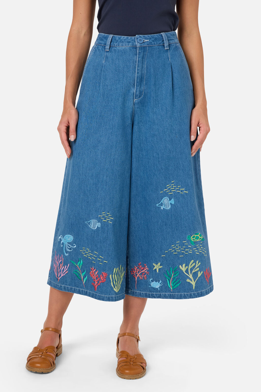 Princess Highway - Sea Embroidered Denim Culotte - blue-denim