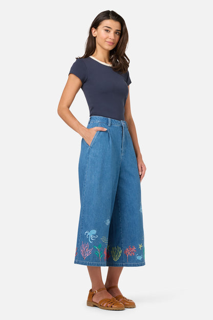 Princess Highway - Sea Embroidered Denim Culotte - blue-denim