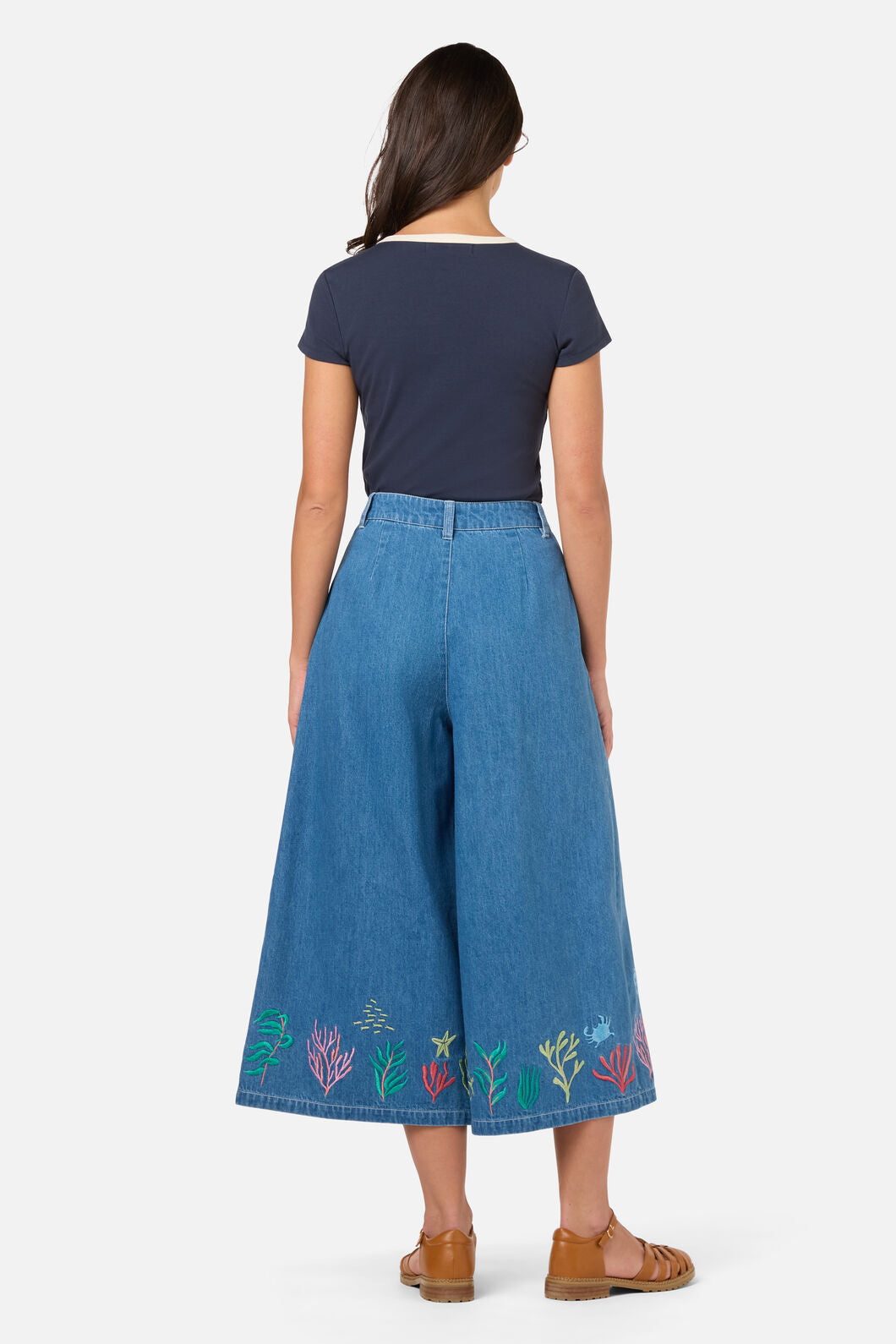 Princess Highway - Sea Embroidered Denim Culotte - blue-denim