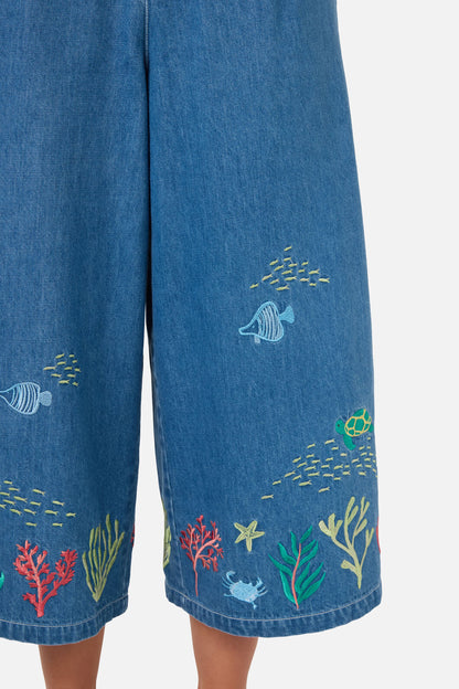 Princess Highway - Sea Embroidered Denim Culotte - blue-denim