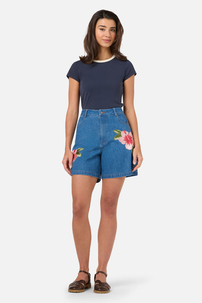 Princess Highway - Hibiscus Emb Denim Short - blue-denim