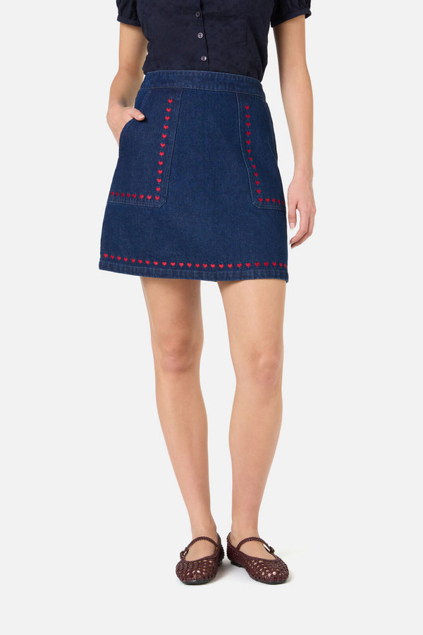 Princess Highway - Sweet Heart Emb Denim Skirt - blue-denim