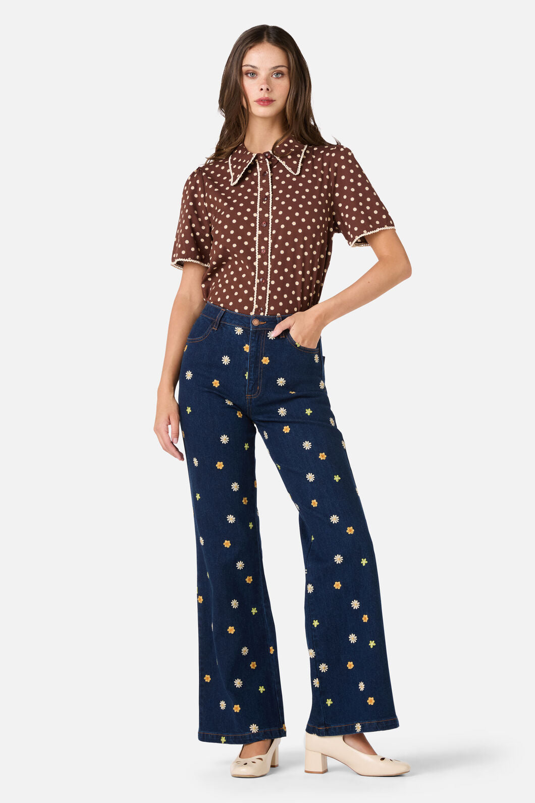 Princess Highway - Ditsy Daisy Flared Jeans - blue-denim