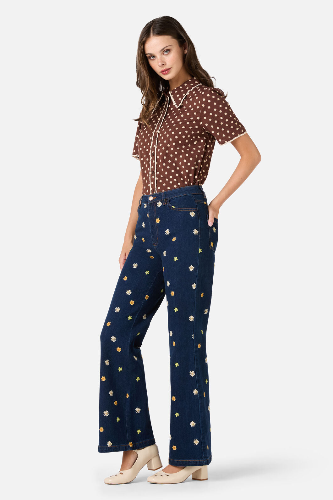 Princess Highway - Ditsy Daisy Flared Jeans - blue-denim