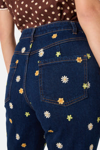Princess Highway - Ditsy Daisy Flared Jeans - blue-denim