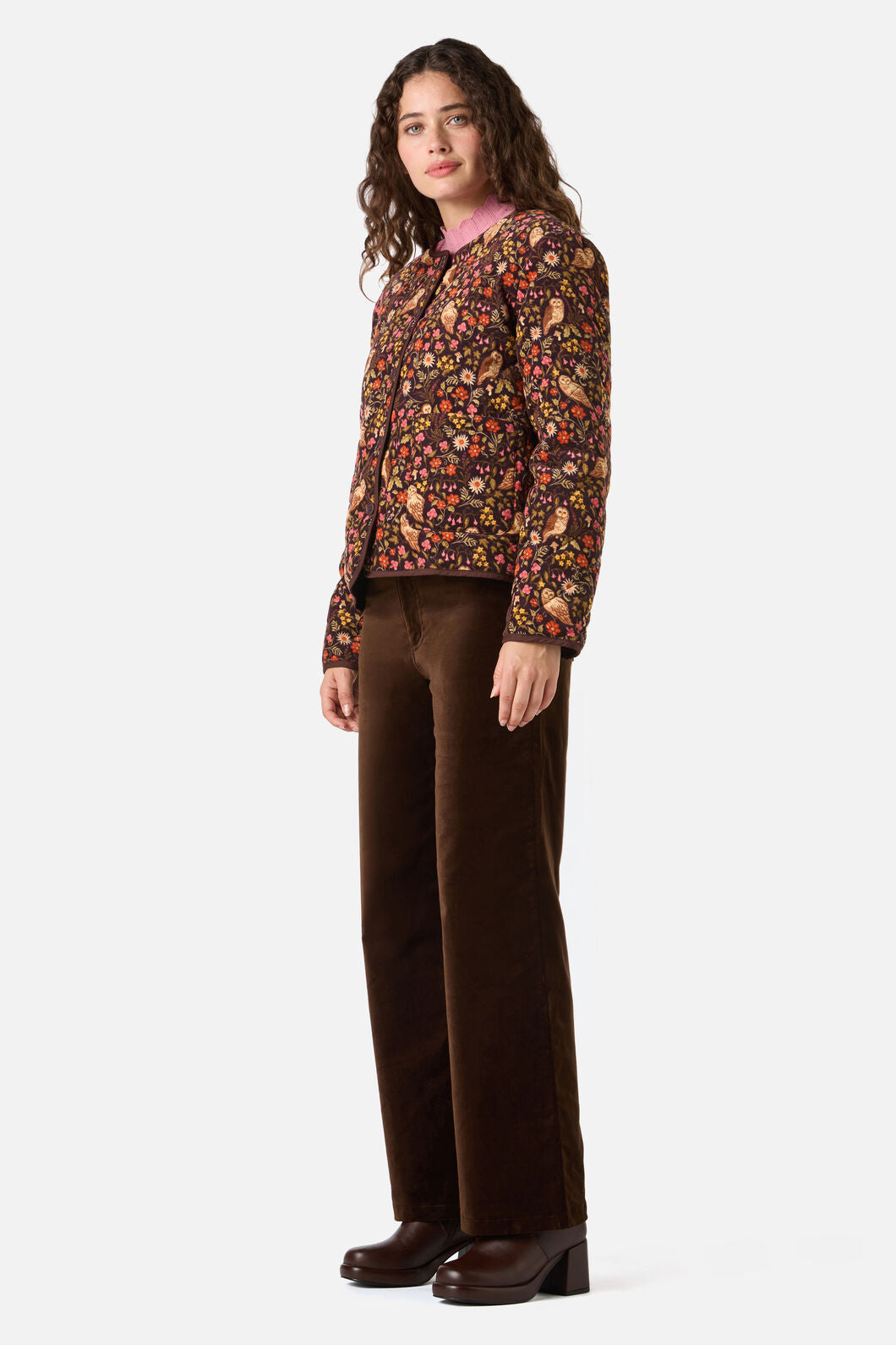 Princess Highway - Forest Owl Quilted Cord Jacket - chocolate