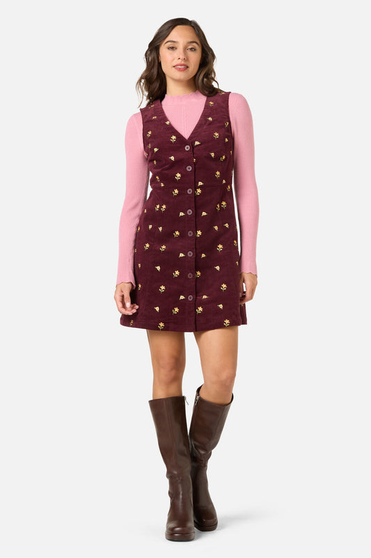 Princess Highway - Iris Embroidered Cord Pinafore - plum