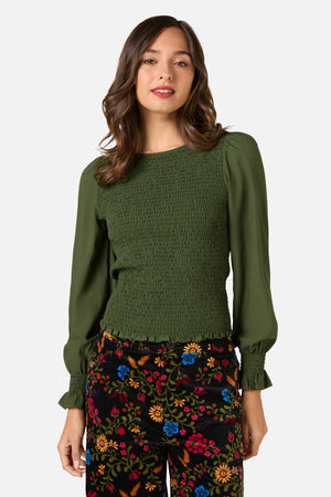 Princess Highway - Ebony Shirred Long Sleeve Top - dark-green