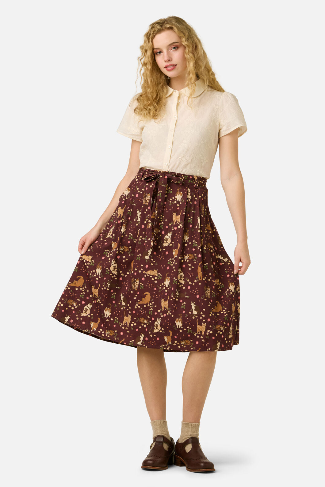 Princess Highway - Cute Cats Midi Skirt - plum