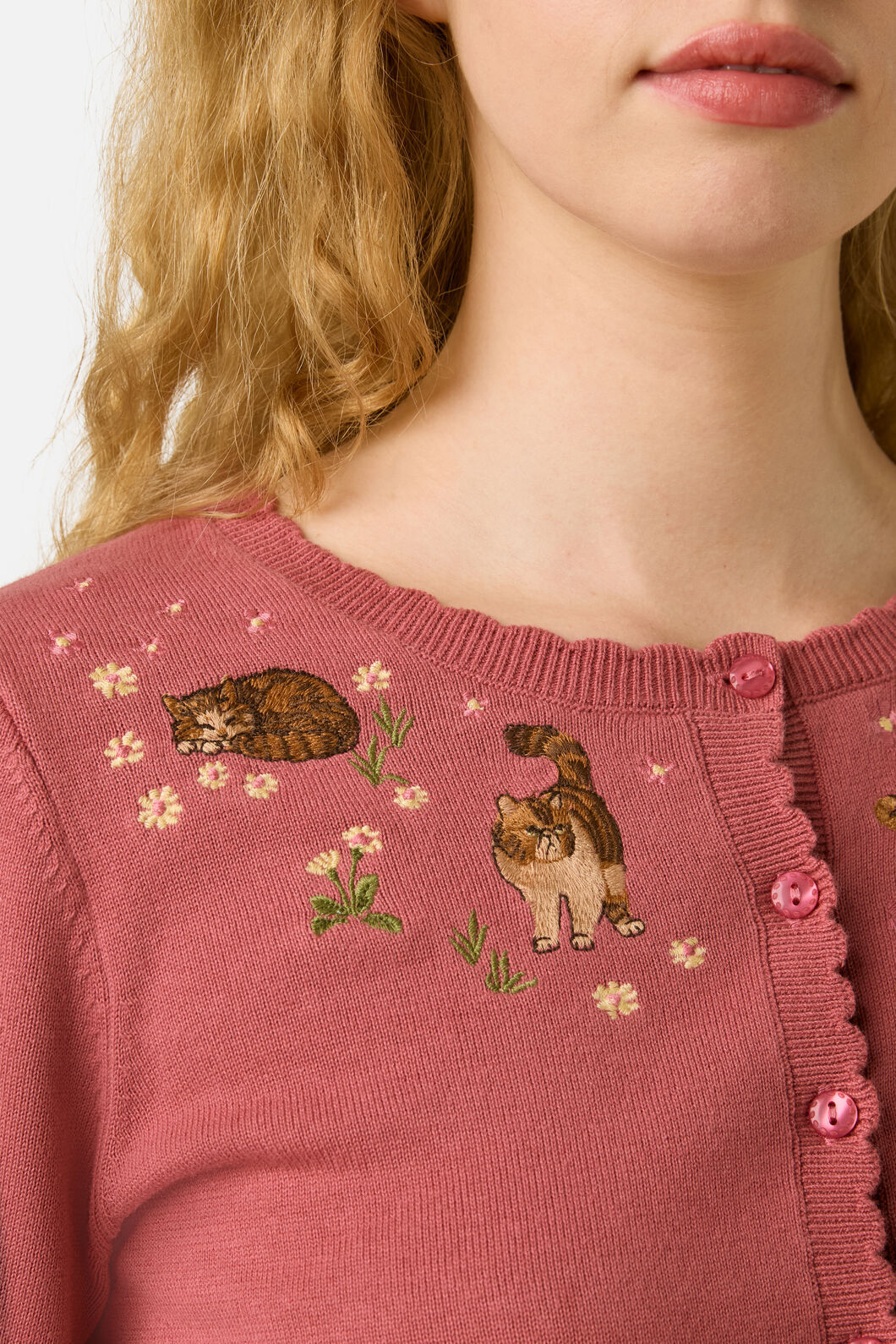 Princess Highway - Cats Embroidered Cardigan - rose