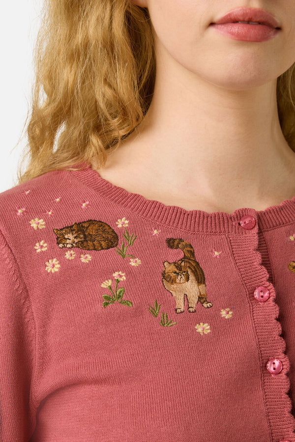 Princess Highway - Cats Embroidered Cardigan - rose