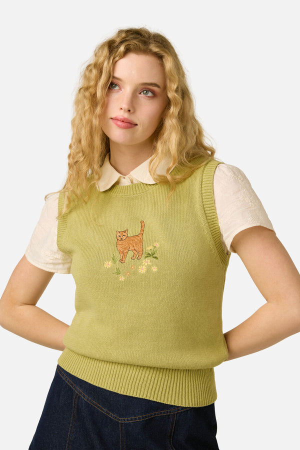 Princess Highway - Cats Embroidered Vest - green