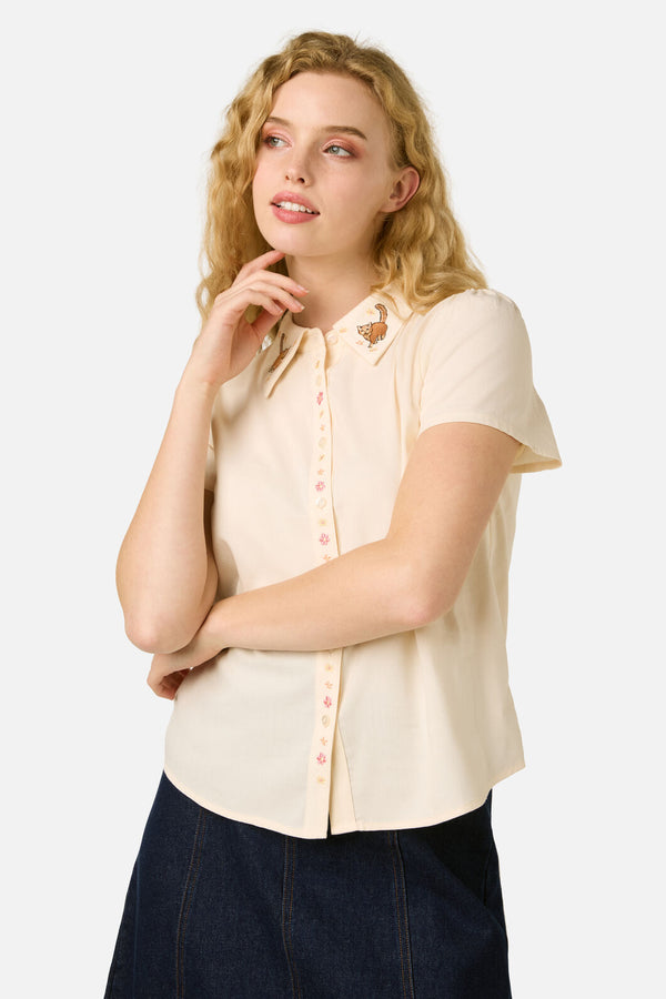 Princess Highway - Cats Embroidered Blouse - cream
