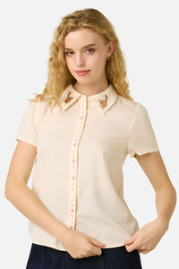 Princess Highway - Cats Embroidered Blouse - cream