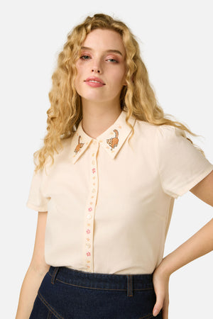 Princess Highway - Cats Embroidered Blouse - cream