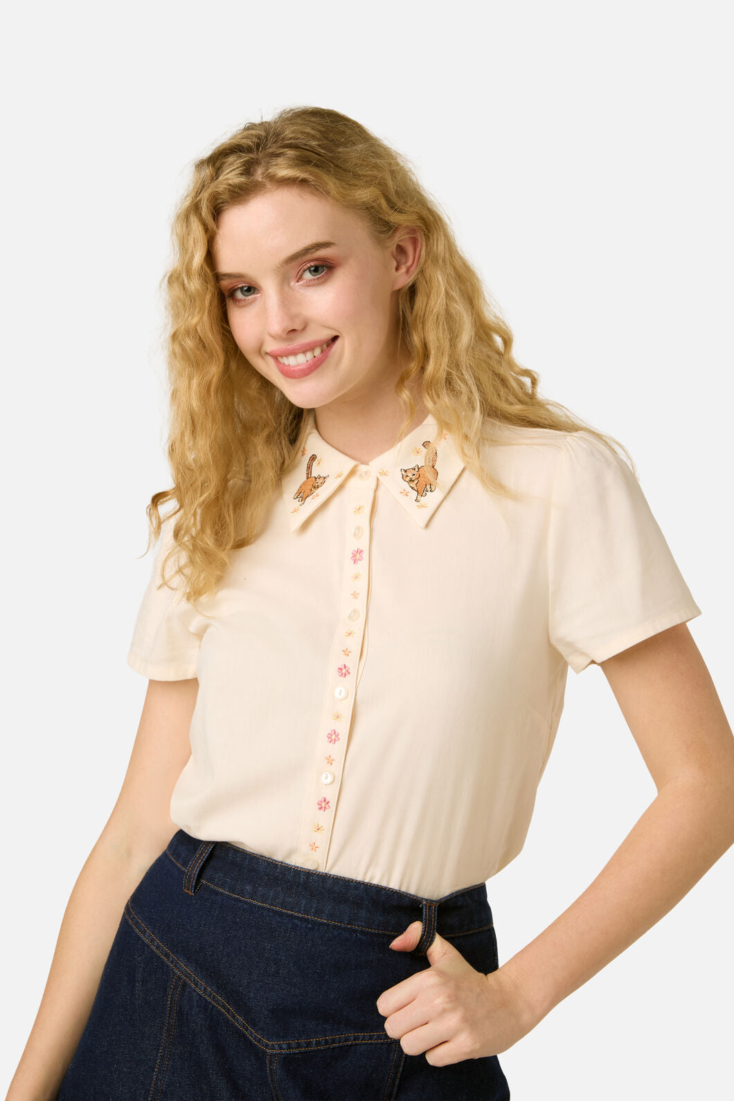 Princess Highway - Cats Embroidered Blouse - cream