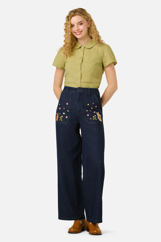 Princess Highway - Cats Embroidered Denim Jean - blue-denim