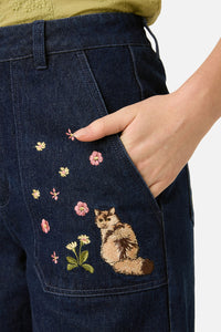 Princess Highway - Cats Embroidered Denim Jean - blue-denim