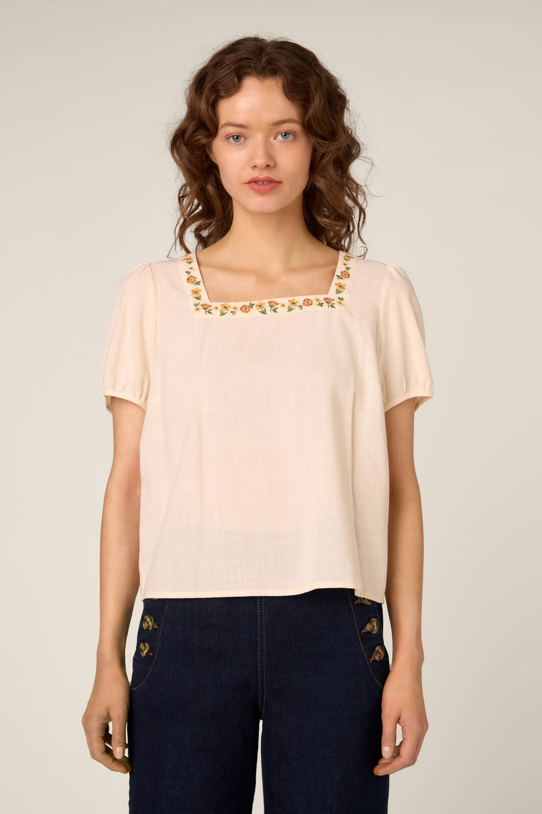 Princess Highway - Flower Chain Embroidered Top - cream