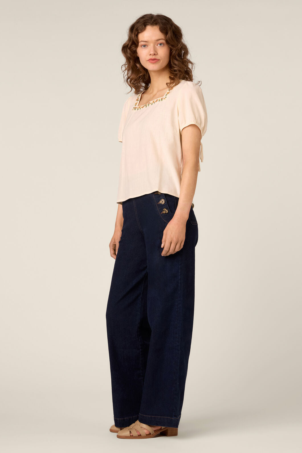 Princess Highway - Flower Chain Embroidered Top - cream
