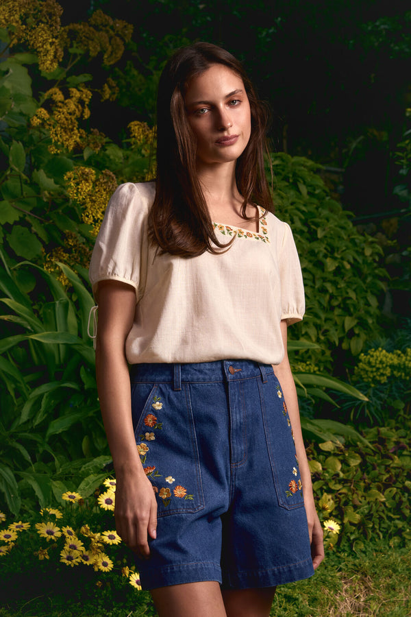 Princess Highway - Flower Chain Embroidered Top - cream