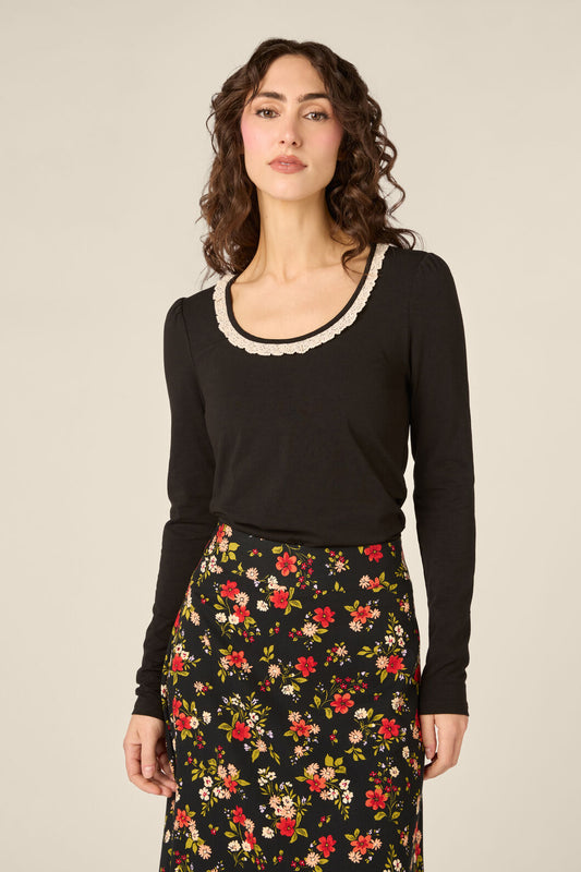 Princess Highway - Ada Long Sleeve Lace Trim Top - black