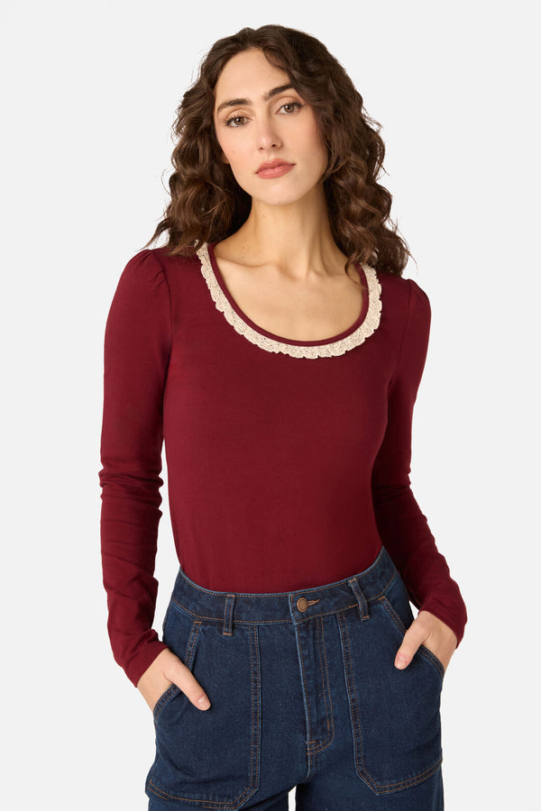 Princess Highway - Ada Long Sleeve Lace Trim Top - red-plum