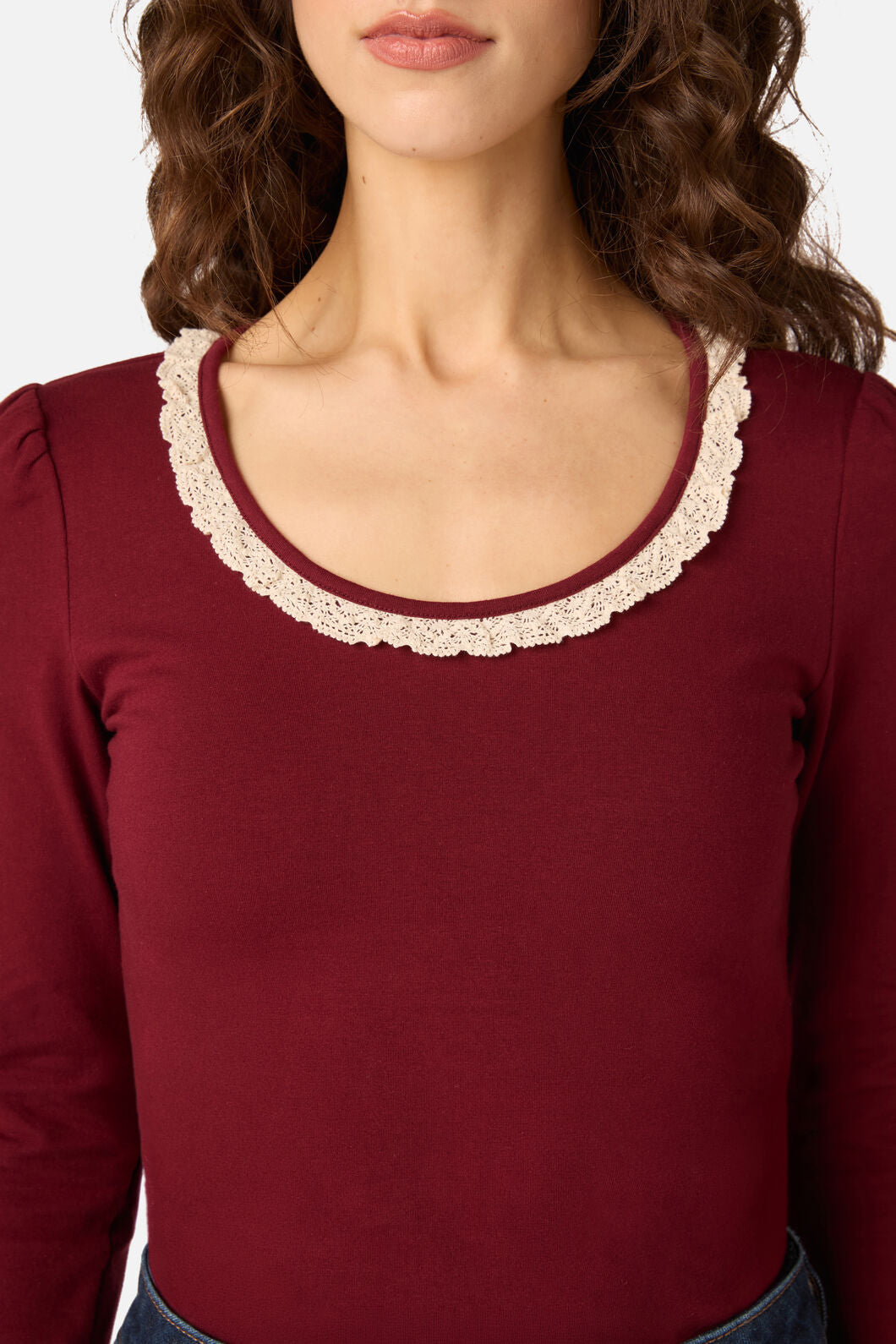 Princess Highway - Ada Long Sleeve Lace Trim Top - red-plum