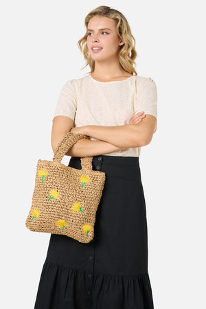 Princess Highway - Daisy Embroidery Straw Bag - tan